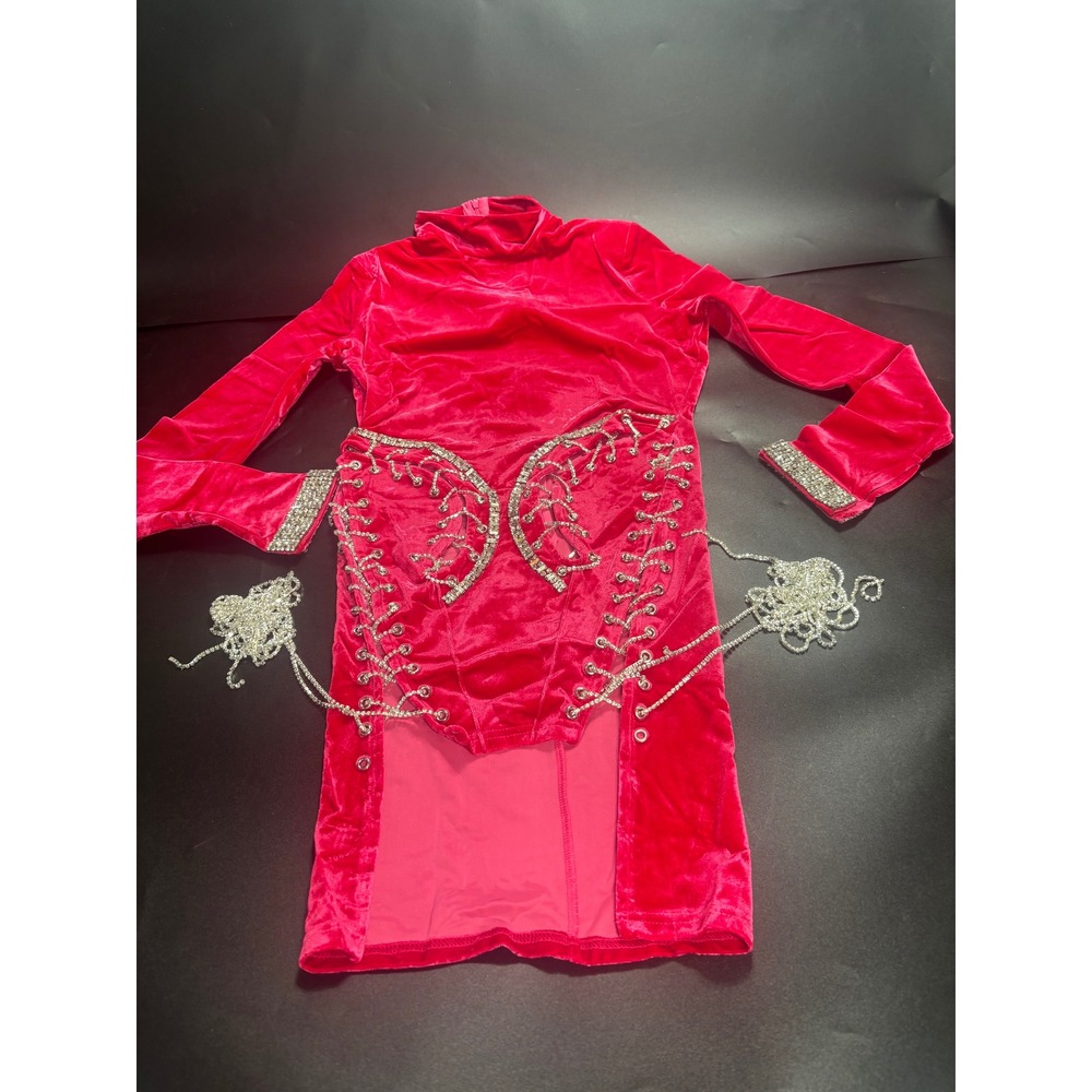 The Cande Shop Fuchsia  Velvet Rhinestone‎ Lace Up Butterfly Mini Dress  Large